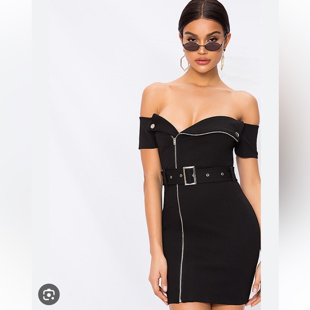 NEW Superdown Terri Moto belted black off-shoulder zipper mini dress